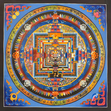 Kalachakra Mandala thangka, 55×55 cm: Kalachakra palace mandala with rings of mantra syllables and dharma wheels on a sky-blue ground