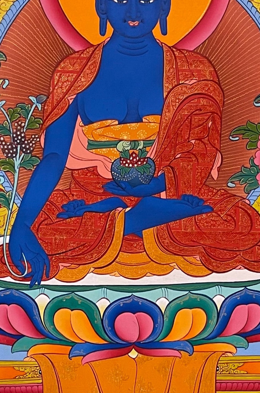 Medicine Buddha thangka, 58×83 cm: blue Medicine Buddha on a throne, with seven more Buddhas around him