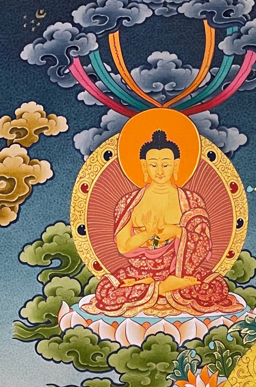 Medicine Buddha thangka, detail: top-left corner