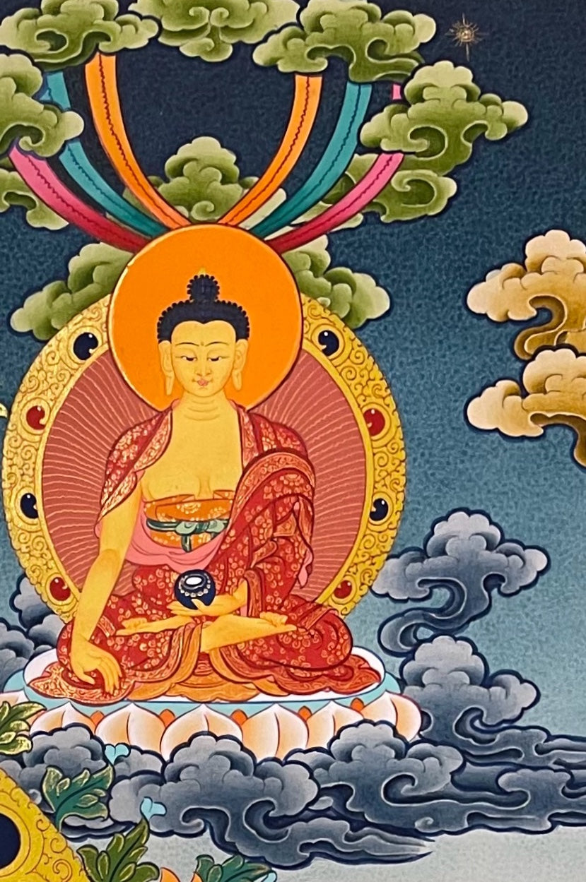 Medicine Buddha thangka, detail: top-right corner