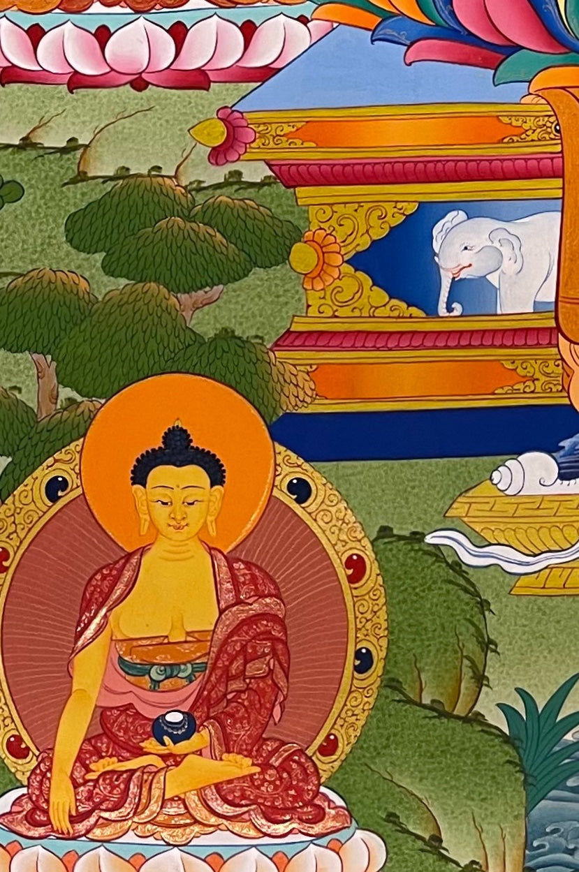 Medicine Buddha thangka, detail: bottom-left corner