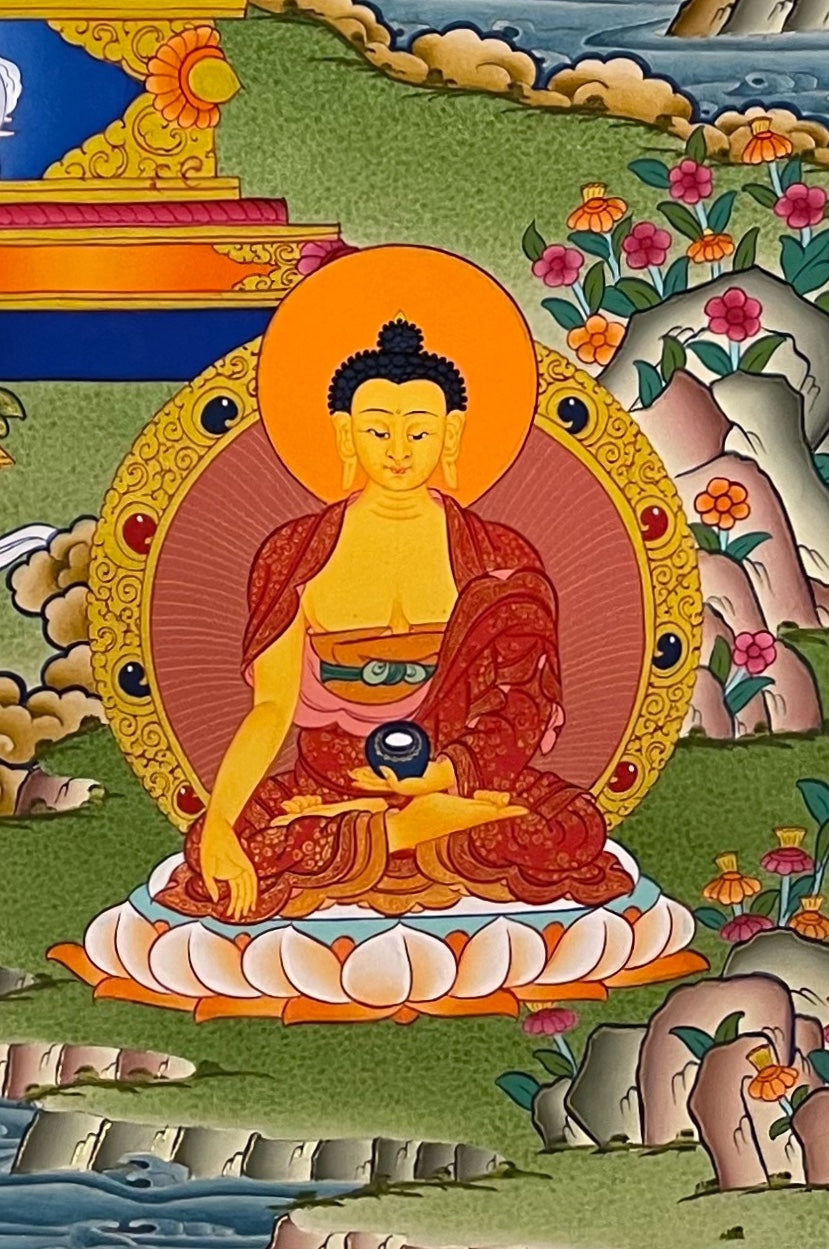 Medicine Buddha thangka, detail: bottom-right corner
