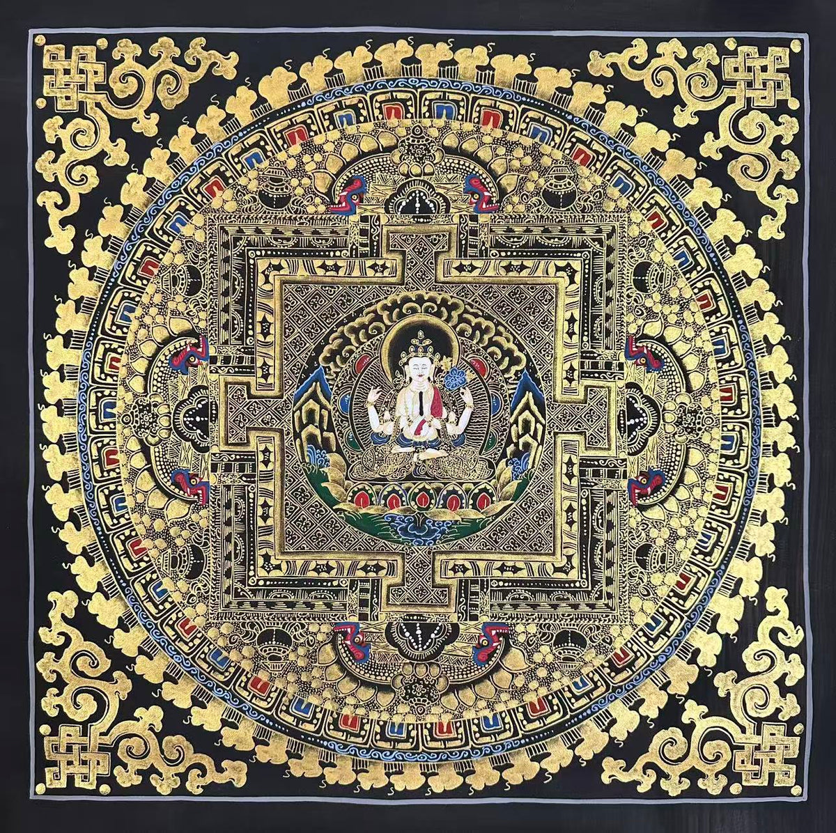 Chenrezig Mandala thangka, 55×55 cm: four-armed Chenrezig at the heart of a palace mandala drawn in gold-coloured line work on black