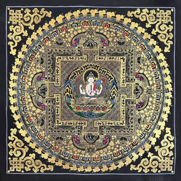 Chenrezig Mandala thangka, 55×55 cm: four-armed Chenrezig at the heart of a palace mandala drawn in gold-coloured line work on black