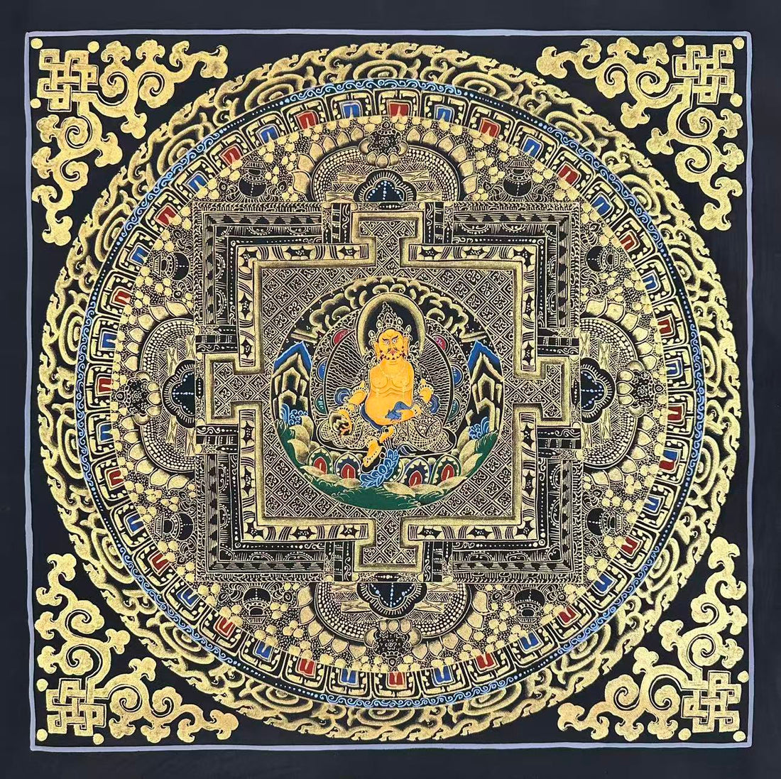 Jambhala Mandala thangka, 55×58 cm: Yellow Jambhala at the heart of a palace mandala drawn in gold-coloured line work on black