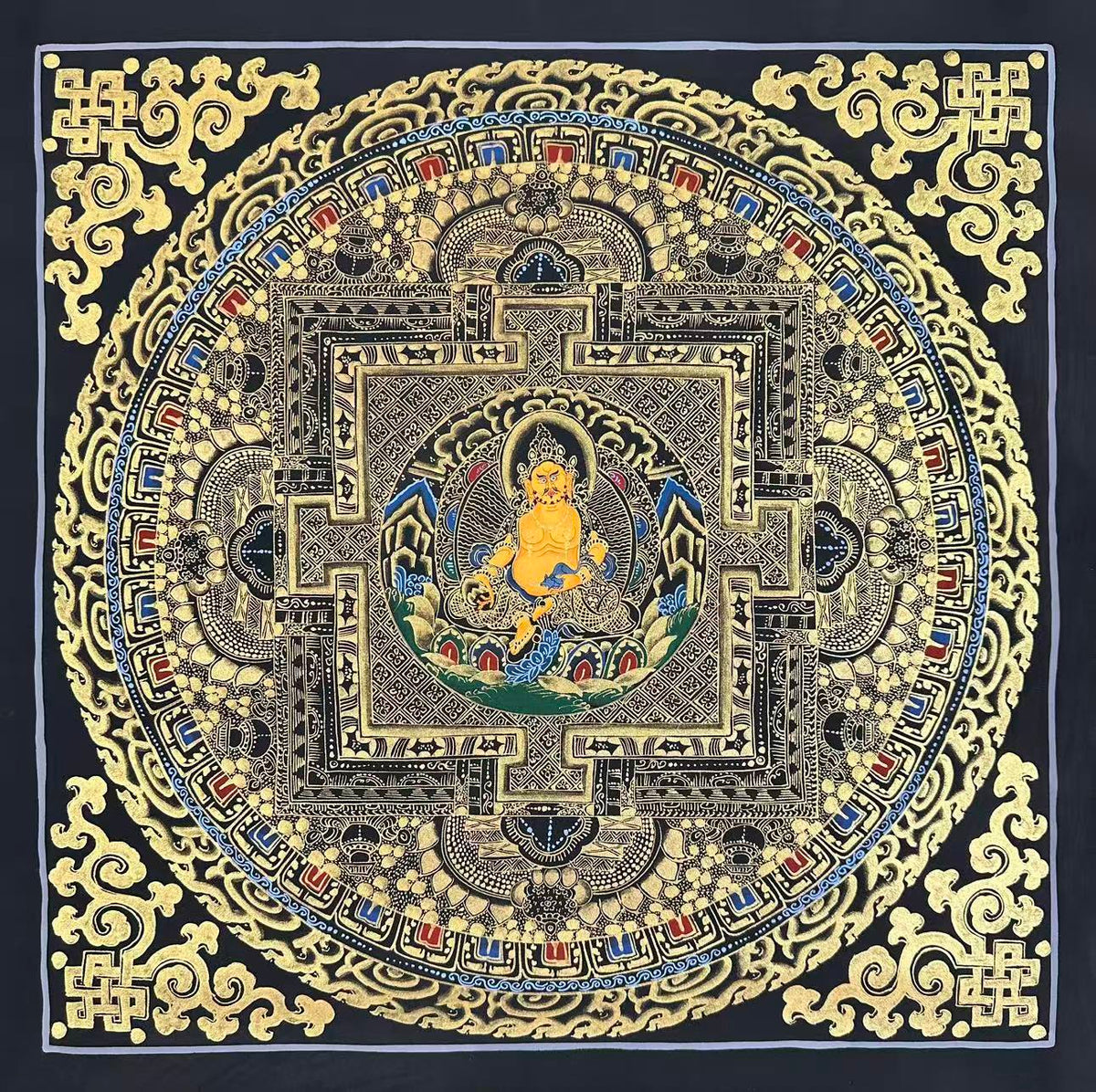 Jambhala Mandala thangka, 55×58 cm: Yellow Jambhala at the heart of a palace mandala drawn in gold-coloured line work on black