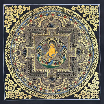 Jambhala Mandala thangka, 55×58 cm: Yellow Jambhala at the heart of a palace mandala drawn in gold-coloured line work on black