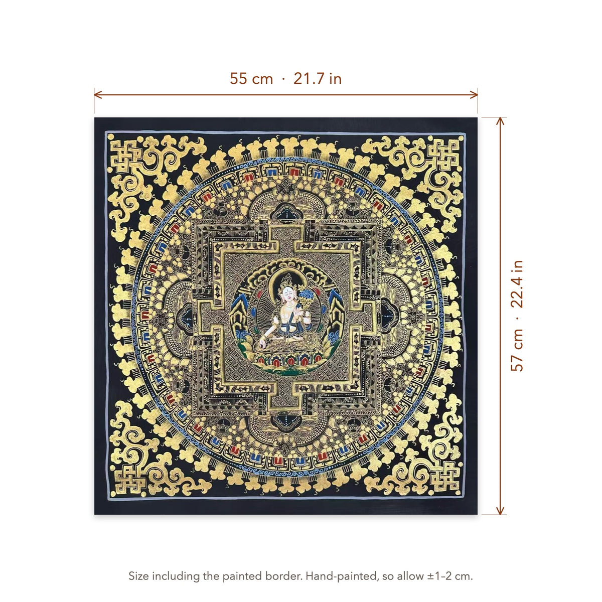 Size diagram: 55 × 57 cm (21.7 × 22.4 in), including the painted border