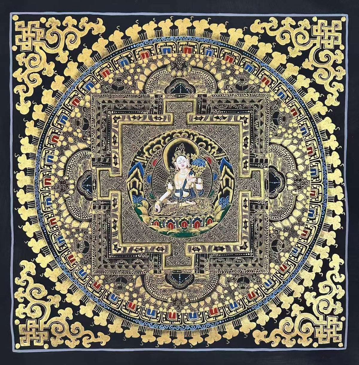 White Tara Mandala thangka, 55×57 cm: White Tara at the heart of a palace mandala drawn in gold-coloured line work on black
