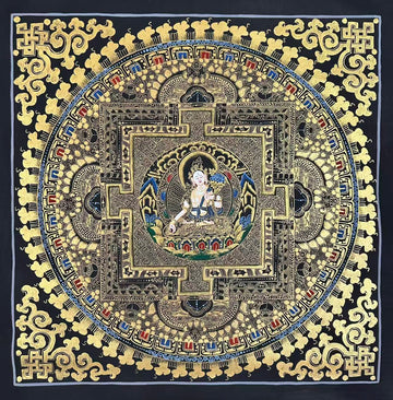 White Tara Mandala thangka, 55×57 cm: White Tara at the heart of a palace mandala drawn in gold-coloured line work on black