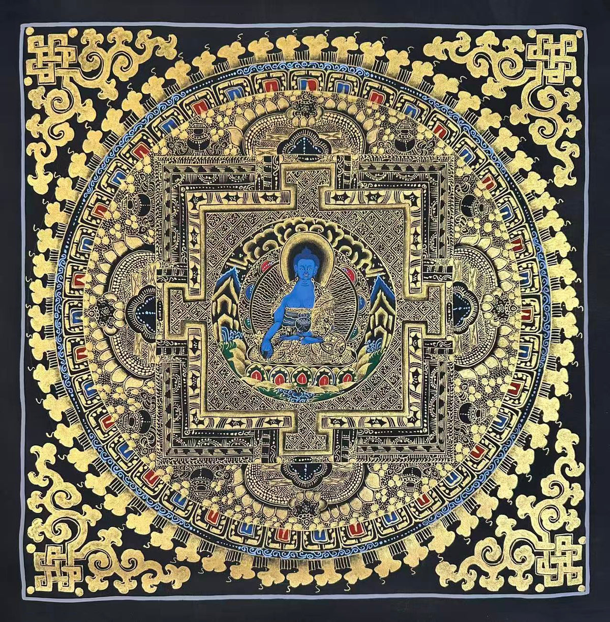 Medicine Buddha Mandala thangka, 55×56 cm: blue Medicine Buddha at the heart of a palace mandala drawn in gold-coloured line work on black