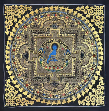 Medicine Buddha Mandala thangka, 55×56 cm: blue Medicine Buddha at the heart of a palace mandala drawn in gold-coloured line work on black