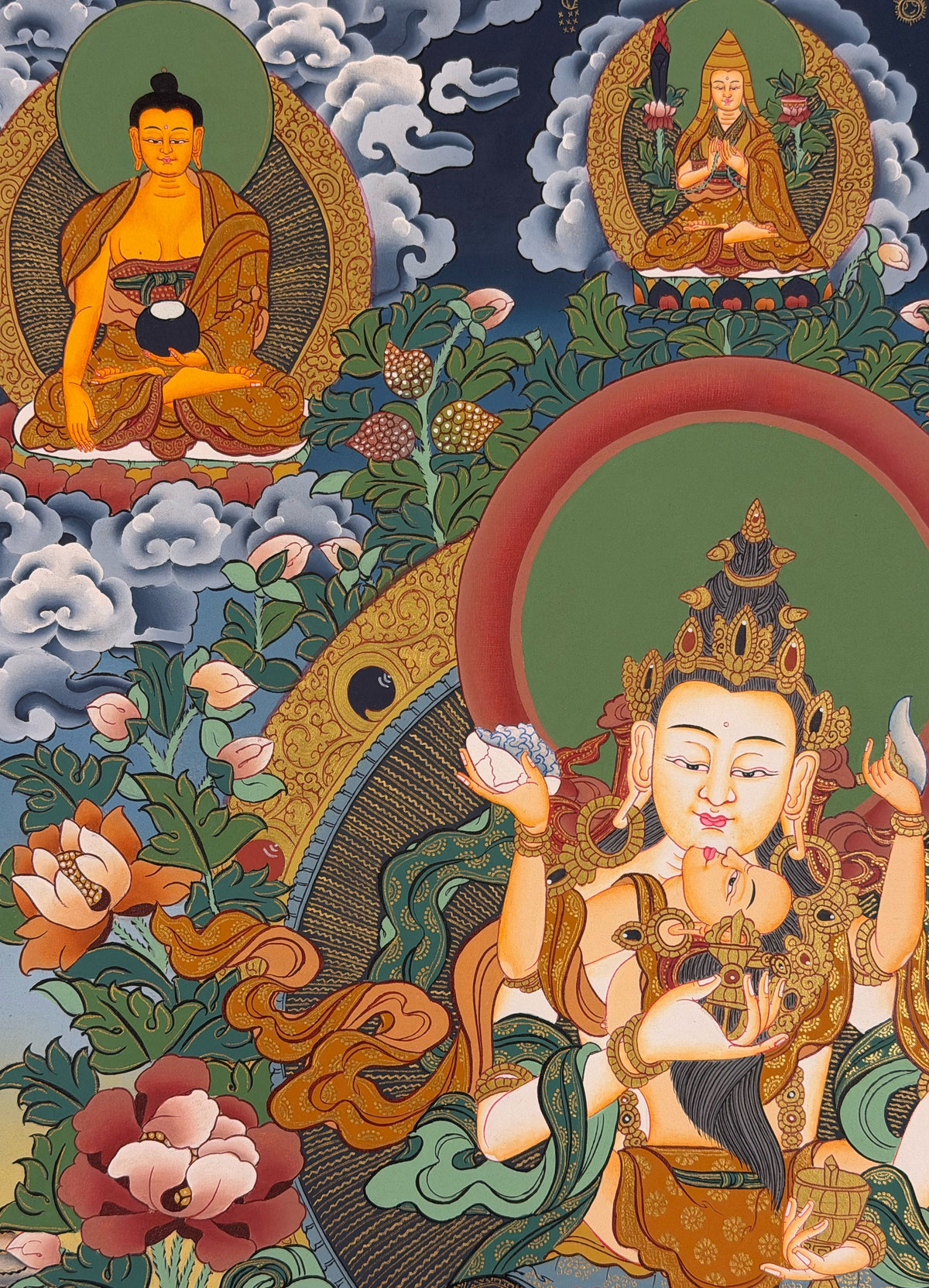 Vajrasattva with Consort thangka, close-up photo 3 of 5