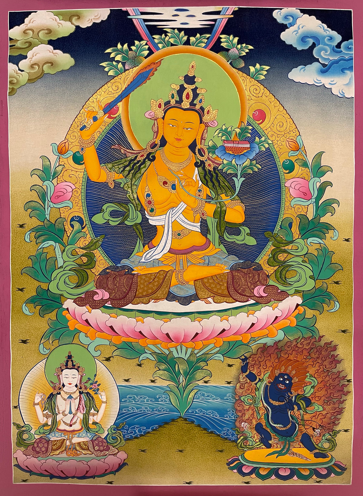 Manjushri thangka, 59×80 cm: Manjushri raising his sword on an ochre ground, with Chenrezig and Vajrapani below