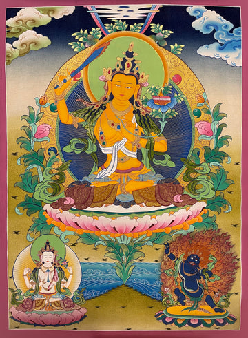 Manjushri thangka, 59×80 cm: Manjushri raising his sword on an ochre ground, with Chenrezig and Vajrapani below