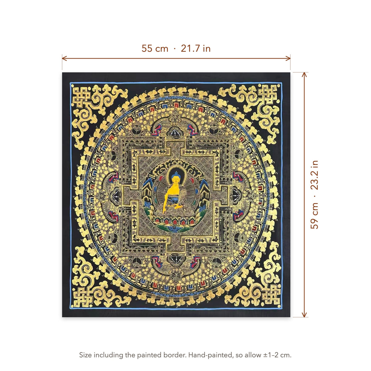 Size diagram: 55 × 59 cm (21.7 × 23.2 in), including the painted border