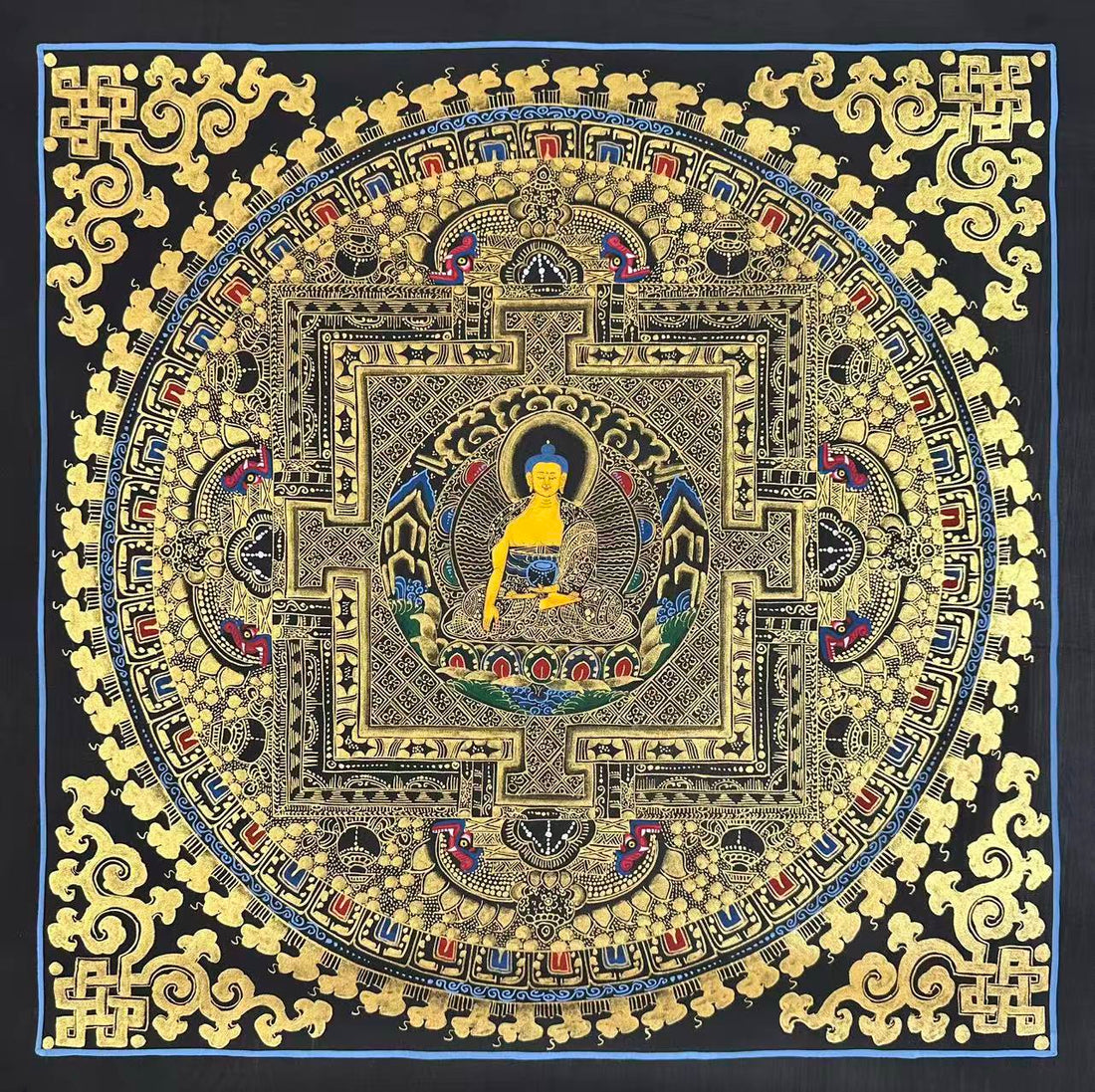 Shakyamuni Mandala thangka, 55×59 cm: Shakyamuni Buddha at the heart of a palace mandala drawn in gold-coloured line work on black