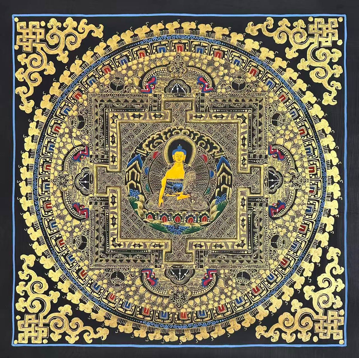Shakyamuni Mandala thangka, 55×59 cm: Shakyamuni Buddha at the heart of a palace mandala drawn in gold-coloured line work on black
