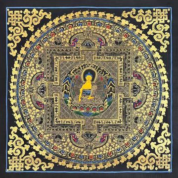 Shakyamuni Mandala thangka, 55×59 cm: Shakyamuni Buddha at the heart of a palace mandala drawn in gold-coloured line work on black