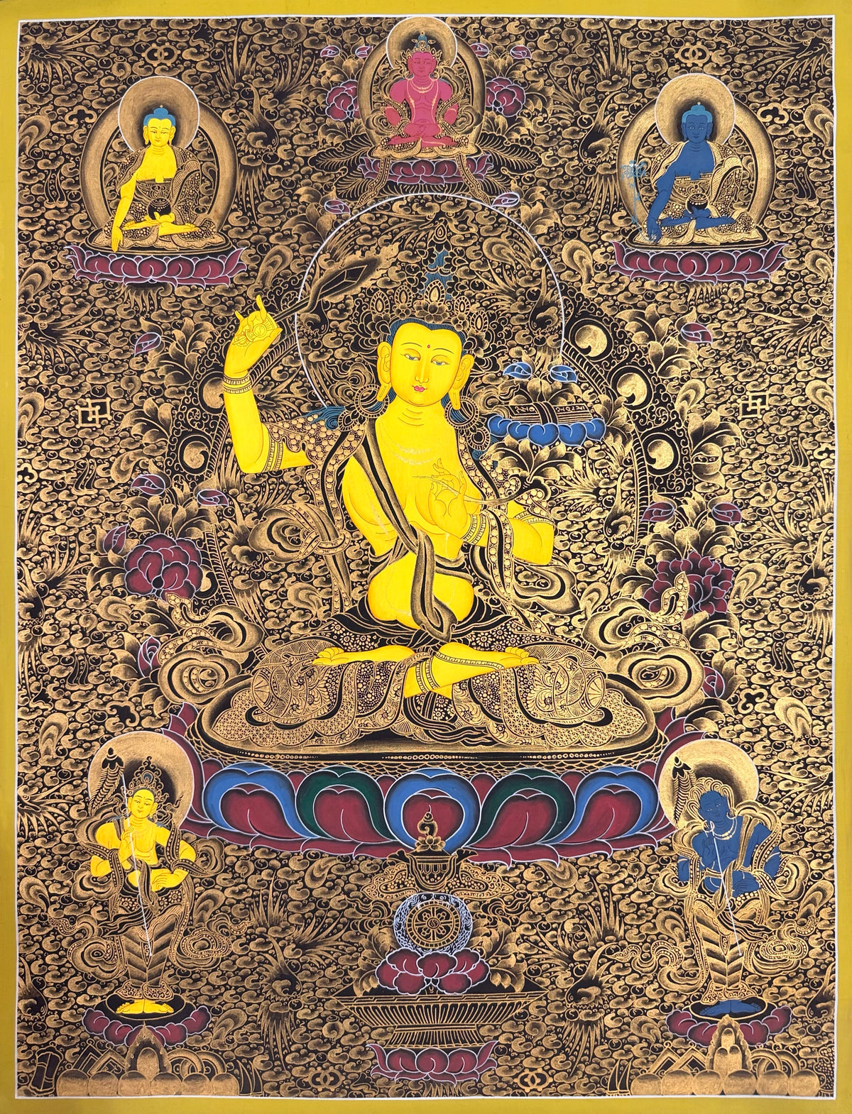 Manjushri thangka, 61×80 cm: Manjushri on a dark ground of dense gold-coloured patterning, with Shakyamuni, Amitayus and the Medicine Buddha above