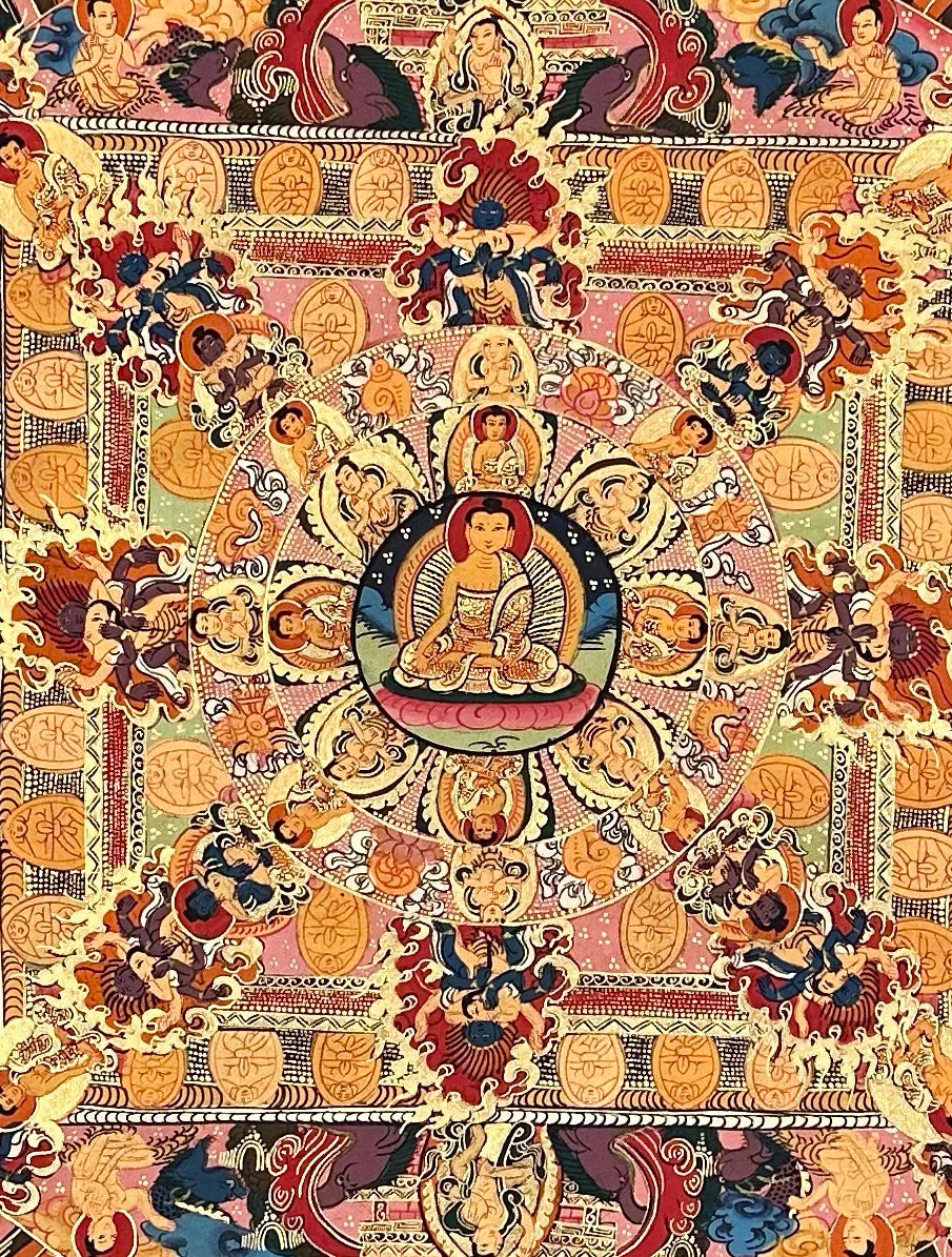 Buddha Mandala thangka, 68×87 cm: a Buddha at the centre of a mandala palace, with thousand-armed Chenrezig above and protectors below