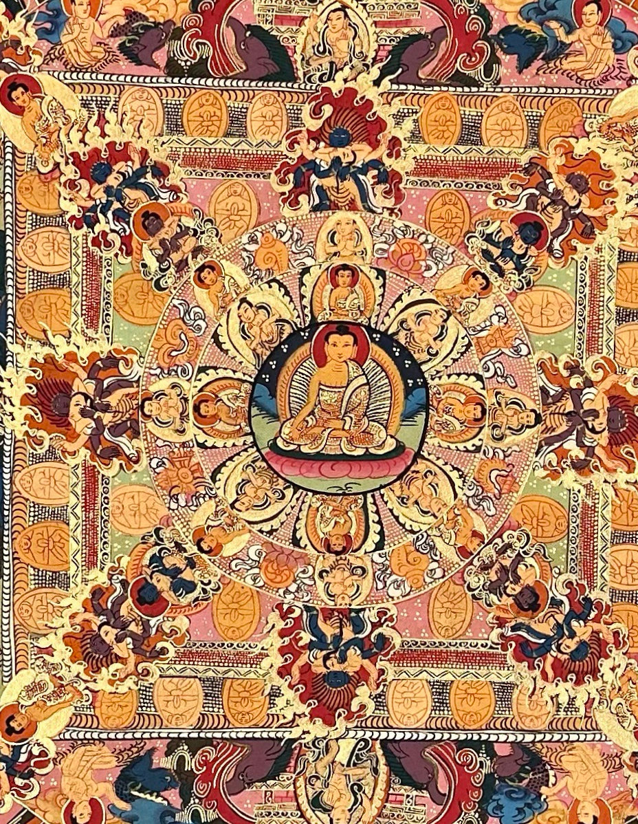 Buddha Mandala thangka, 68×87 cm: a Buddha at the centre of a mandala palace, with thousand-armed Chenrezig above and protectors below
