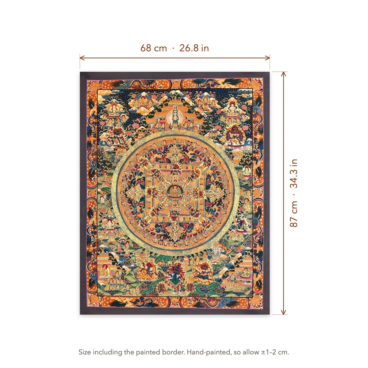 Size diagram: 68 × 87 cm (26.8 × 34.3 in), including the painted border