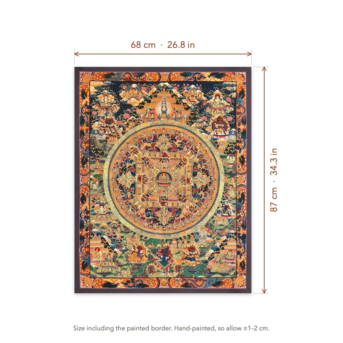 Size diagram: 68 × 87 cm (26.8 × 34.3 in), including the painted border