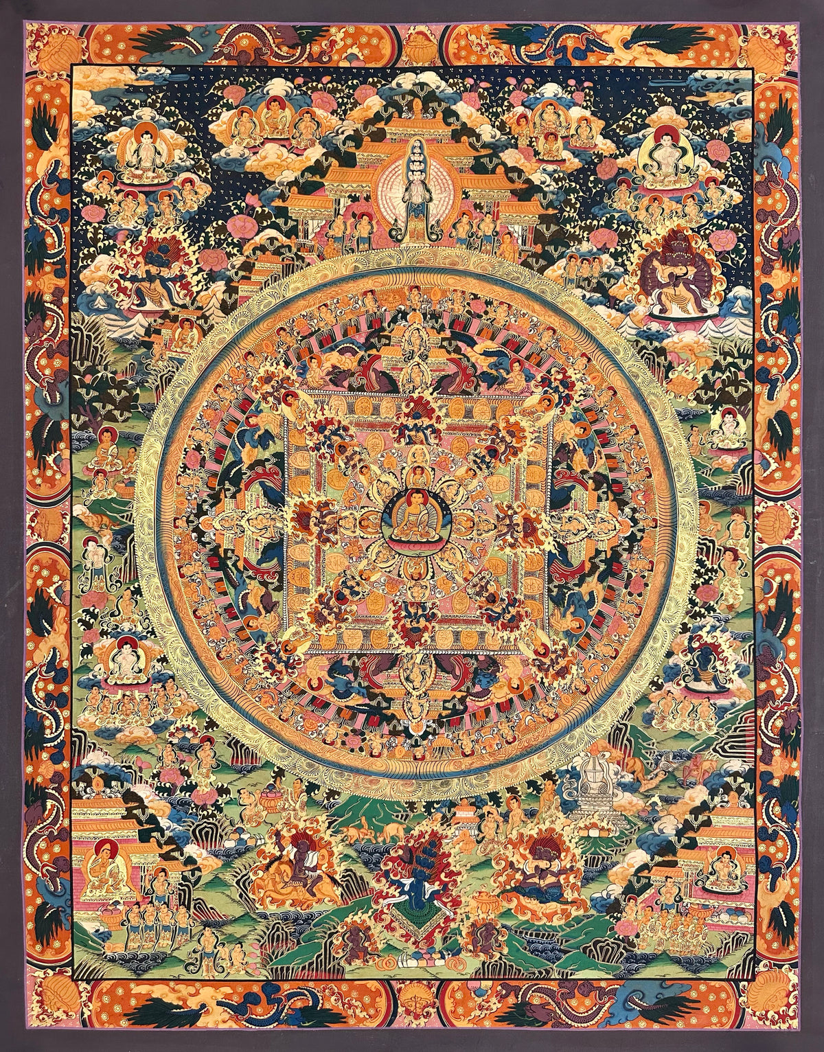 Buddha Mandala thangka, 68×87 cm: a Buddha at the centre of a mandala palace, with thousand-armed Chenrezig above and protectors below