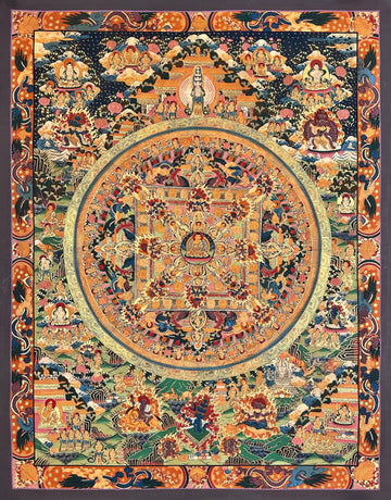 Buddha Mandala thangka, 68×87 cm: a Buddha at the centre of a mandala palace, with thousand-armed Chenrezig above and protectors below