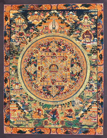 Buddha Mandala thangka, 68×87 cm: a Buddha at the centre of a mandala palace, with thousand-armed Chenrezig above and protectors below