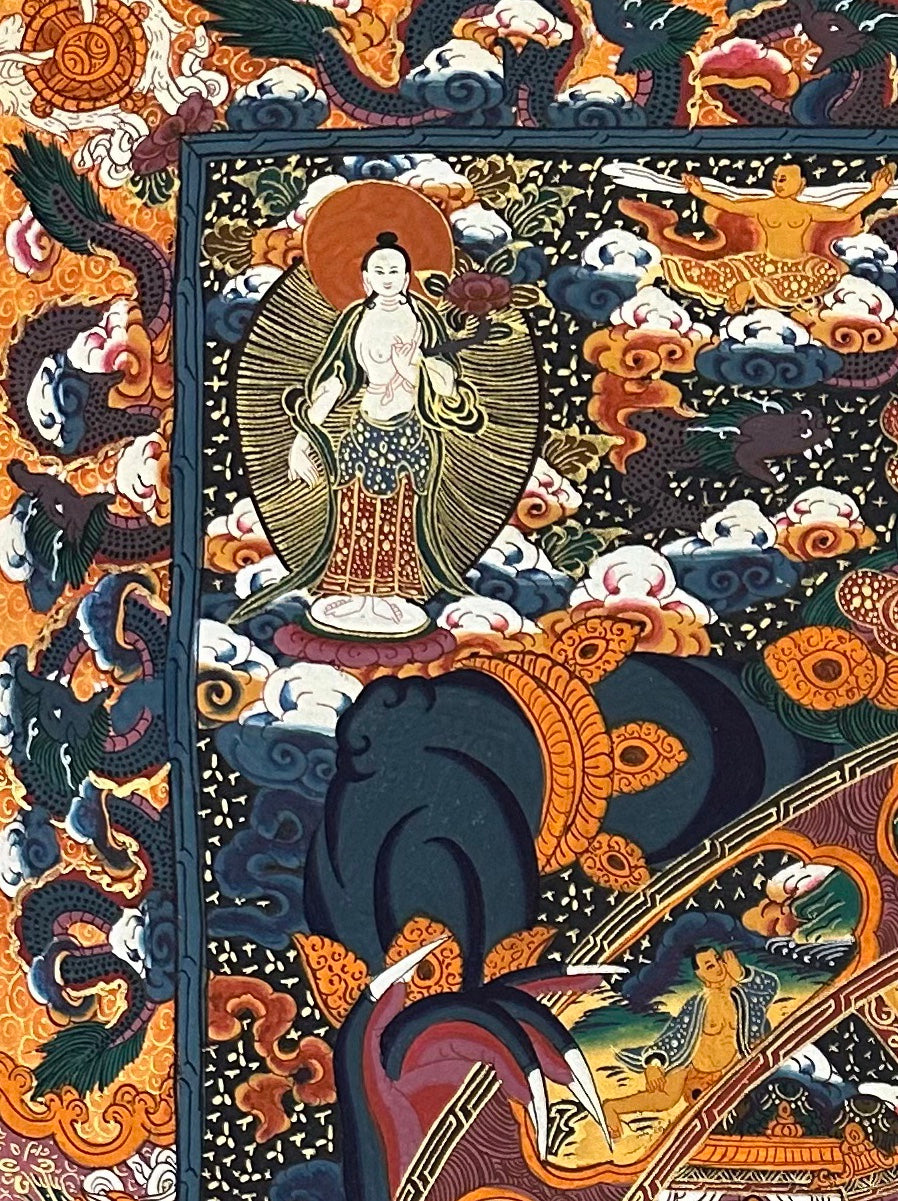 Wheel of Life thangka, detail: top-left corner
