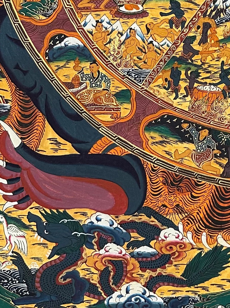 Wheel of Life thangka, detail: bottom-left corner