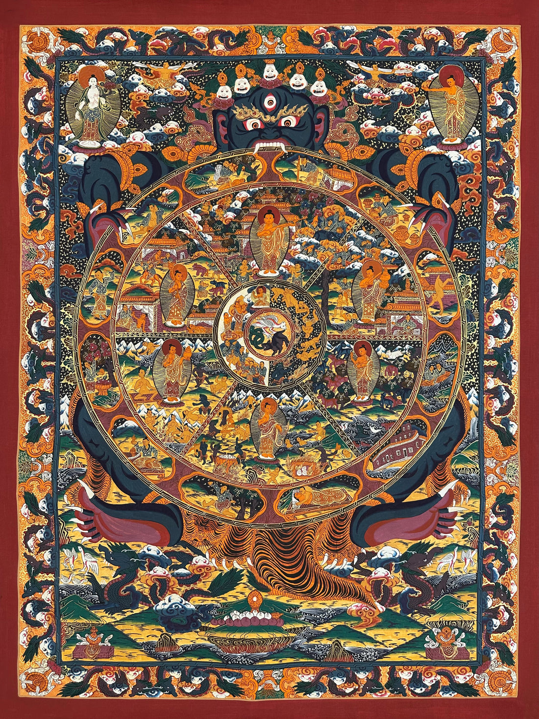 Wheel of Life thangka, 67×88 cm: dark Yama holding the Wheel of Life with a Buddha in each realm, framed by a border of dragons
