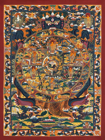 Wheel of Life thangka, 67×88 cm: dark Yama holding the Wheel of Life with a Buddha in each realm, framed by a border of dragons