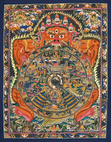 Wheel of Life thangka, 45×55 cm: orange Yama holding a densely painted Wheel of Life amid gold-coloured flames
