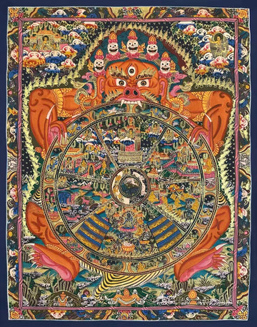 Wheel of Life thangka, 45×55 cm: orange Yama holding a densely painted Wheel of Life amid gold-coloured flames