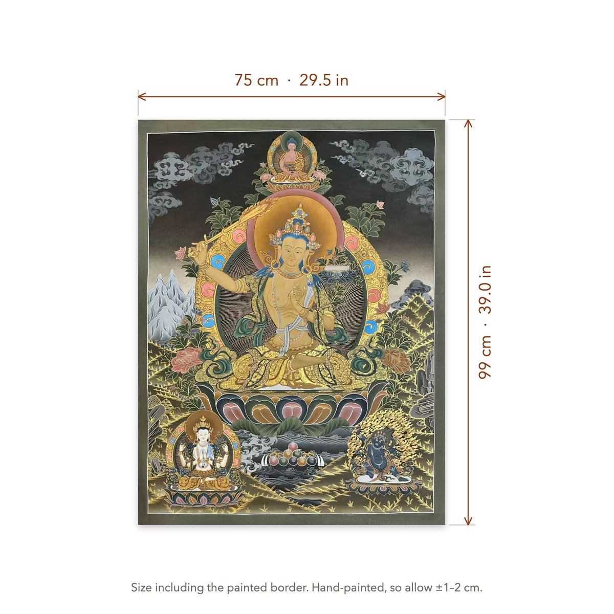 Size diagram: 75 × 99 cm (29.5 × 39.0 in), including the painted border