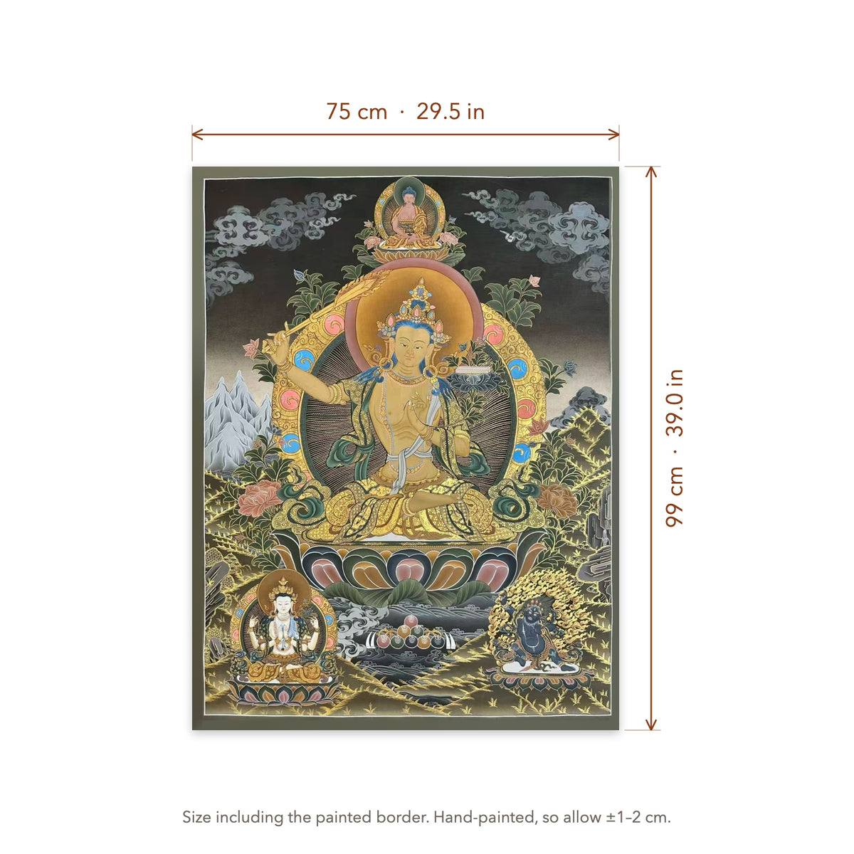 Size diagram: 75 × 99 cm (29.5 × 39.0 in), including the painted border