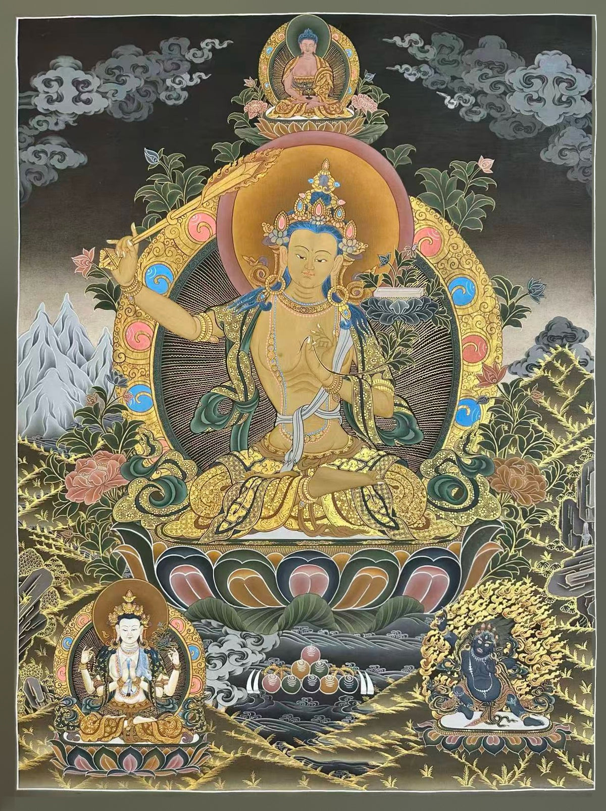Manjushri thangka, 75×99 cm: Manjushri raising his sword in muted gold-coloured line work on a dark ground, with Chenrezig and a wrathful deity