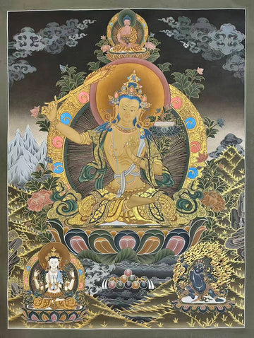 Manjushri thangka, 75×99 cm: Manjushri raising his sword in muted gold-coloured line work on a dark ground, with Chenrezig and a wrathful deity