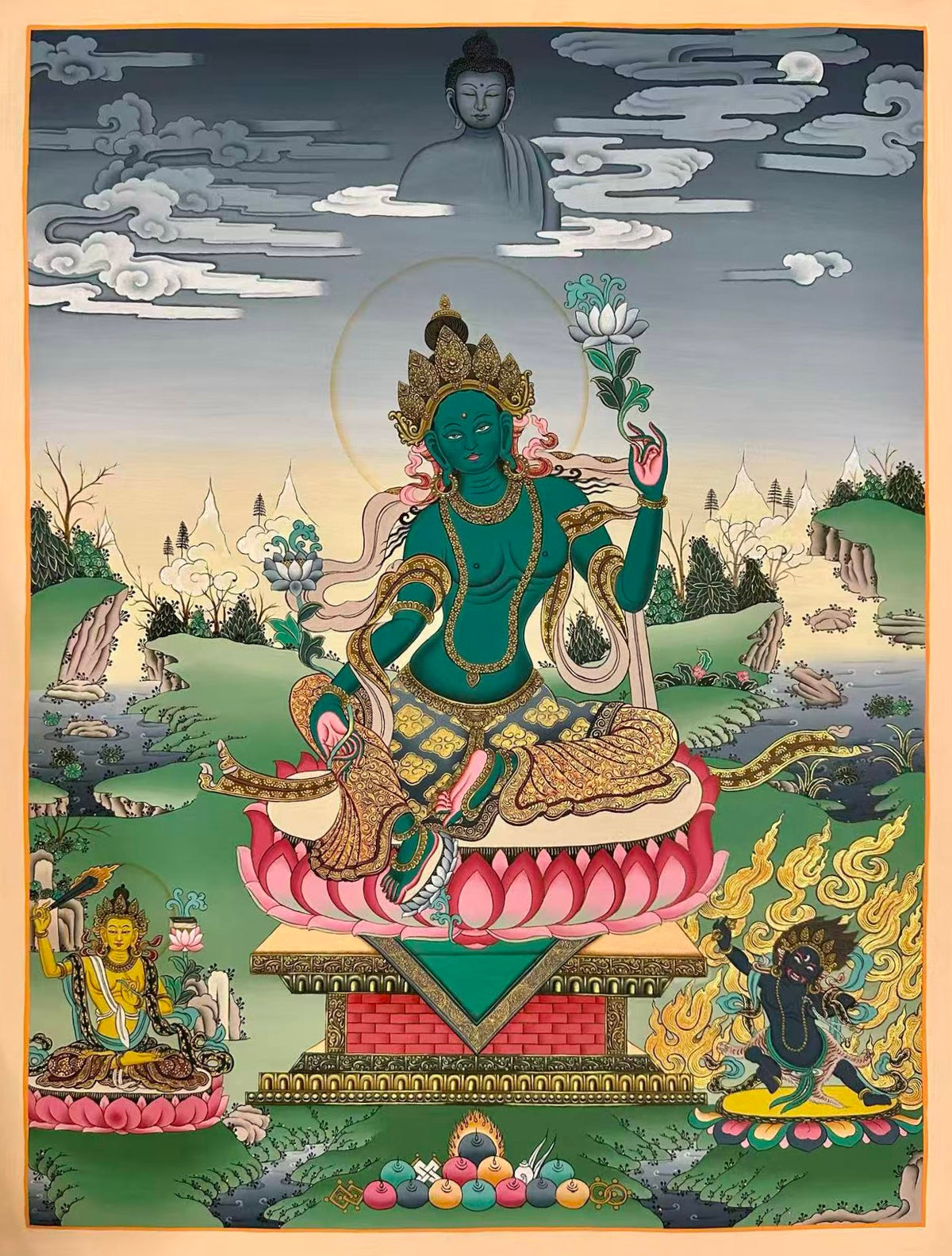 Green Tara thangka, 54×68 cm: Green Tara on a lotus pedestal in a calm, muted landscape, with a Buddha in the clouds