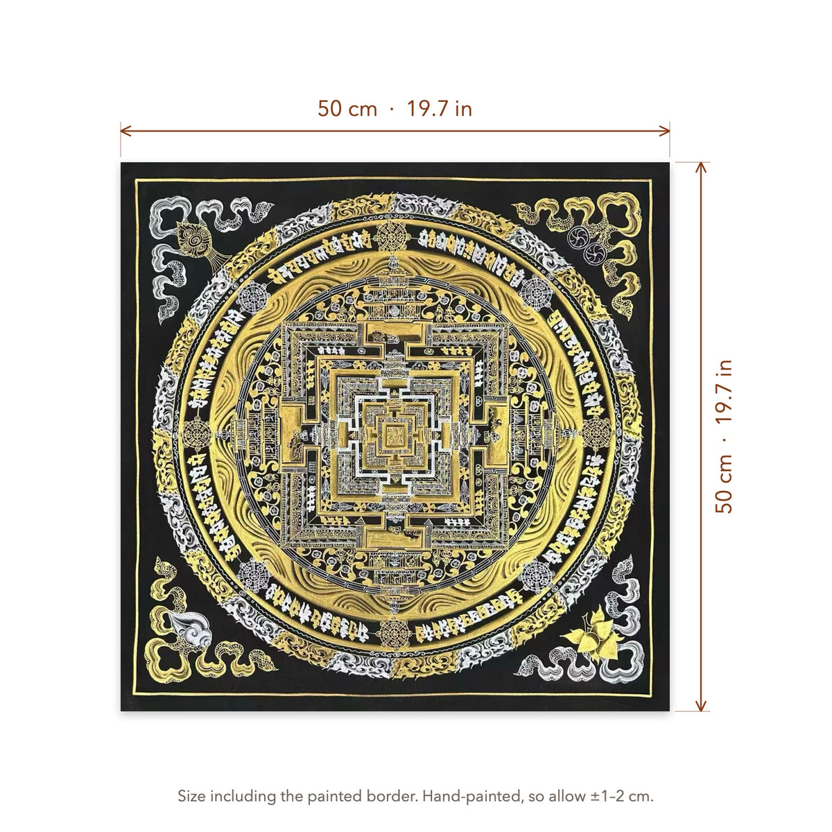 Size diagram: 50 × 50 cm (19.7 × 19.7 in), including the painted border