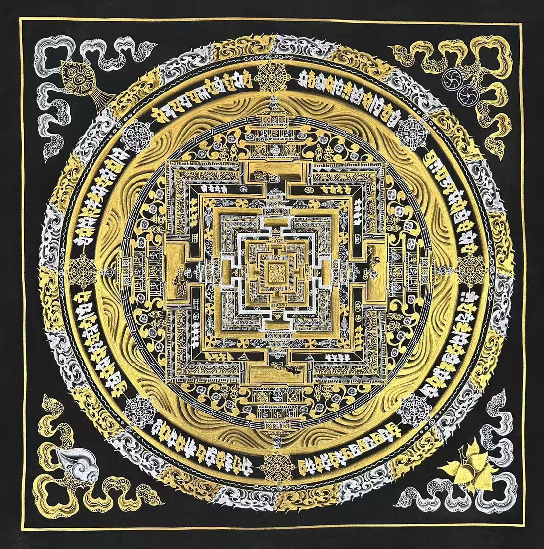 Kalachakra Mandala thangka, 50×50 cm: Kalachakra palace mandala in gold-coloured and silver-coloured line work on black