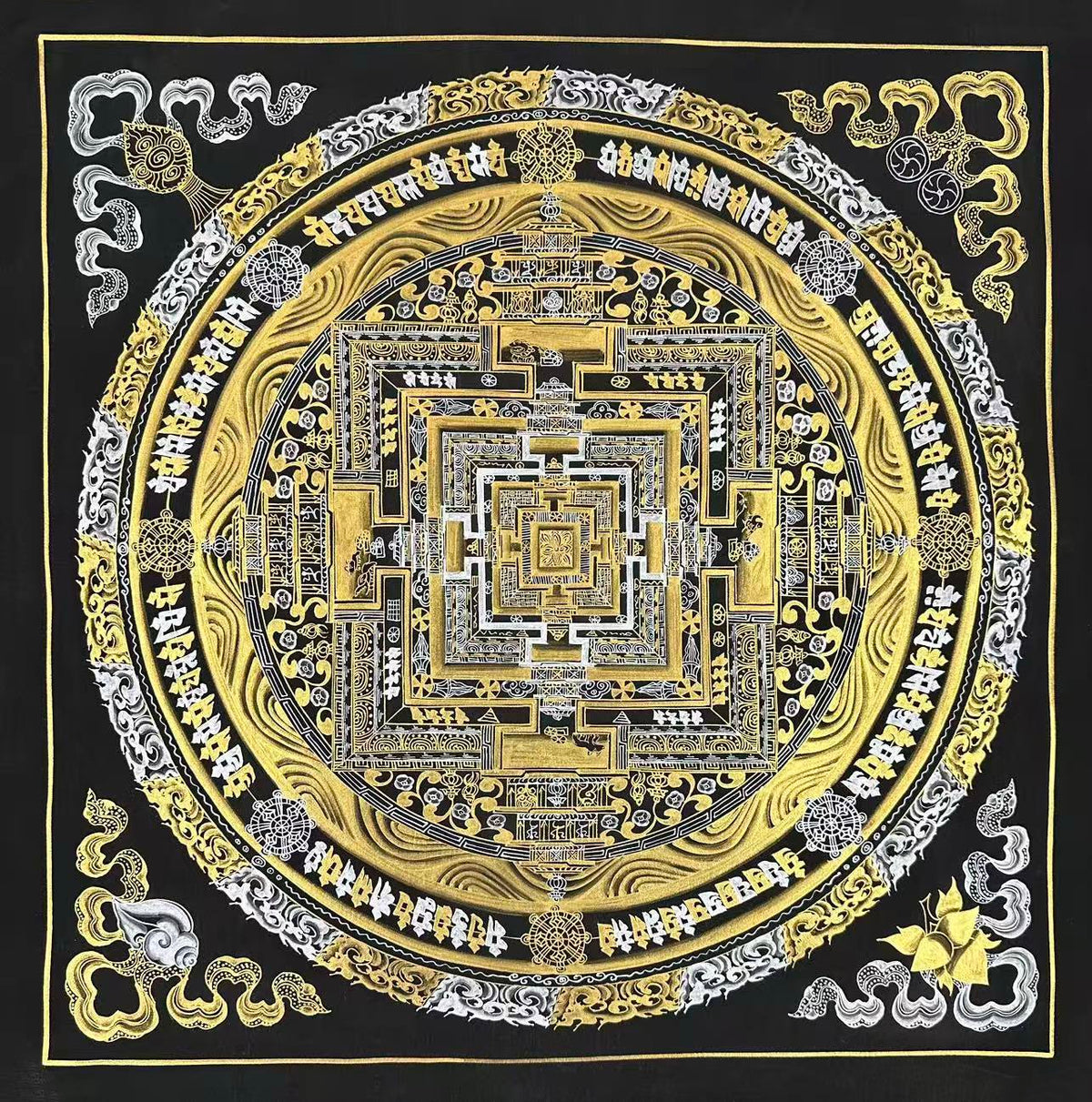 Kalachakra Mandala thangka, 50×50 cm: Kalachakra palace mandala in gold-coloured and silver-coloured line work on black