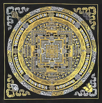 Kalachakra Mandala thangka, 50×50 cm: Kalachakra palace mandala in gold-coloured and silver-coloured line work on black