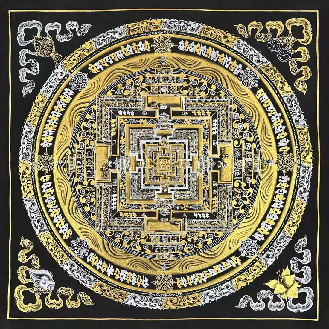 Kalachakra Mandala thangka, 50×50 cm: Kalachakra palace mandala in gold-coloured and silver-coloured line work on black