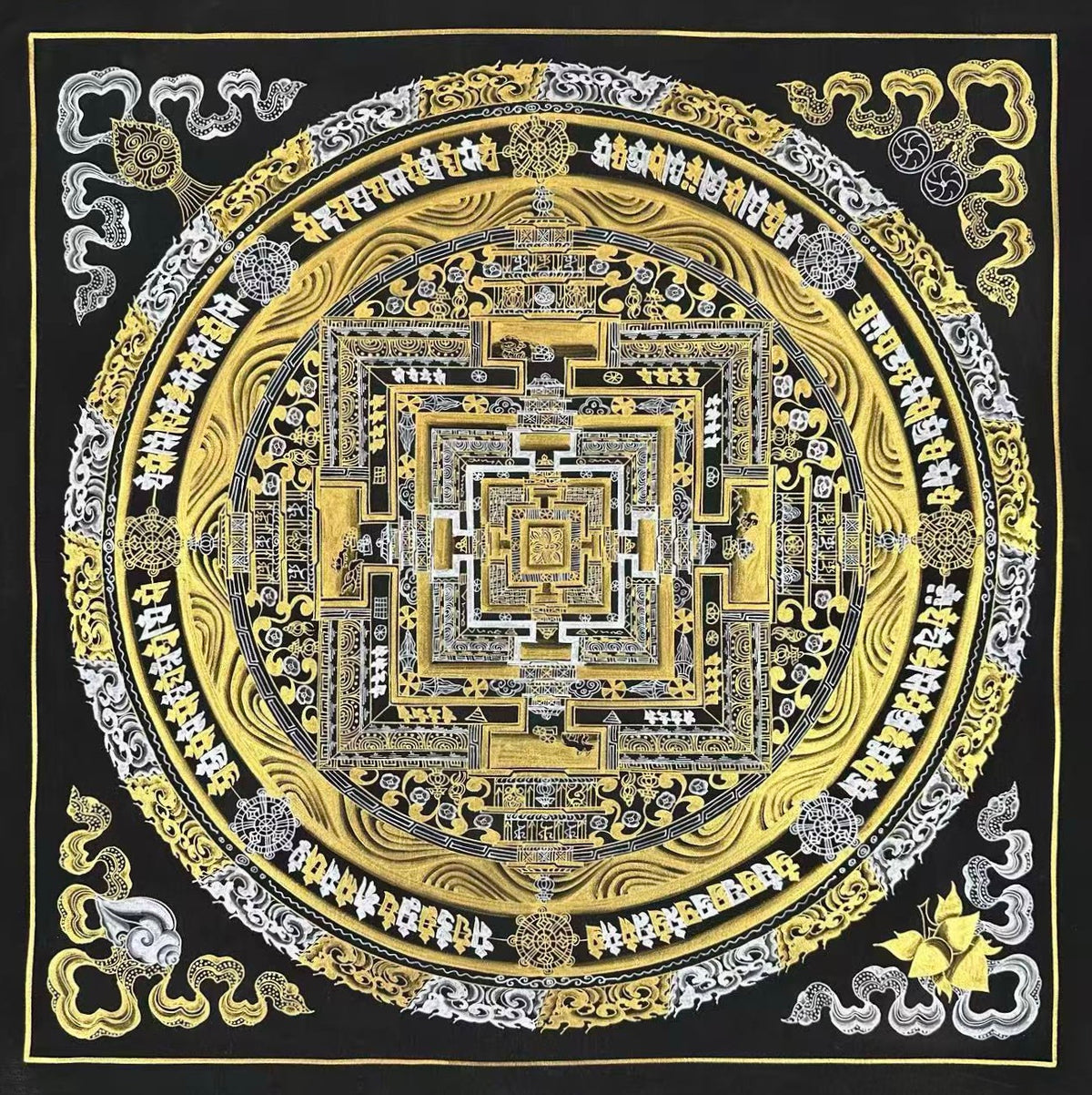 Kalachakra Mandala thangka, 50×50 cm: Kalachakra palace mandala in gold-coloured and silver-coloured line work on black
