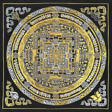 Kalachakra Mandala thangka, 50×50 cm: Kalachakra palace mandala in gold-coloured and silver-coloured line work on black