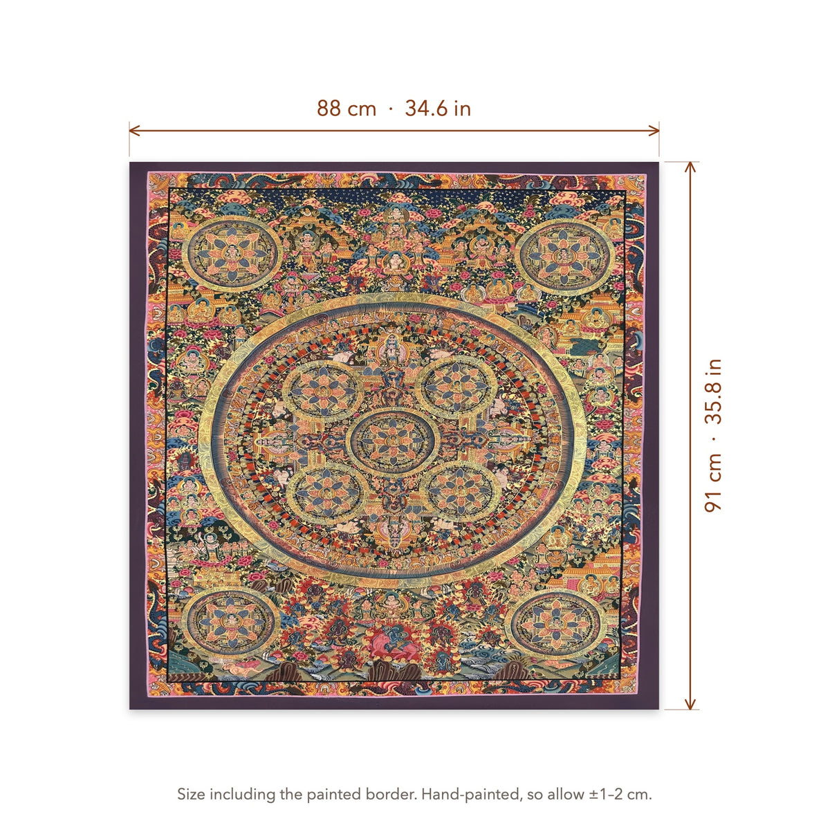 Size diagram: 88 × 91 cm (34.6 × 35.8 in), including the painted border